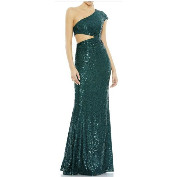 Mac Duggal Size O Green Sequins Cut Out One Shoulder Maxi Dress Formal Gown NWT - Picture 1 of 8